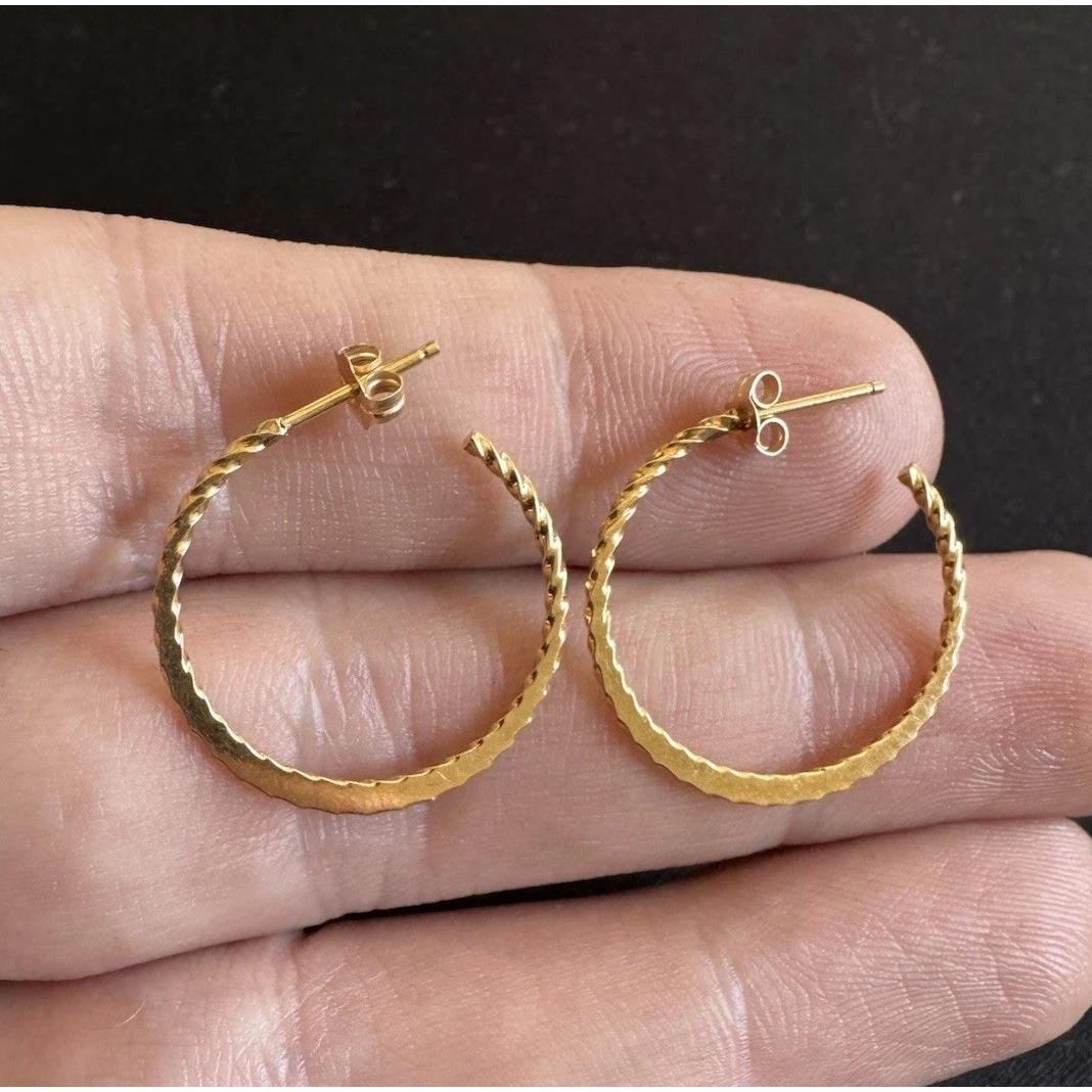 Vintage 14k Solid Yellow Gold Twisted Hoop Dangle Earrings - Polished